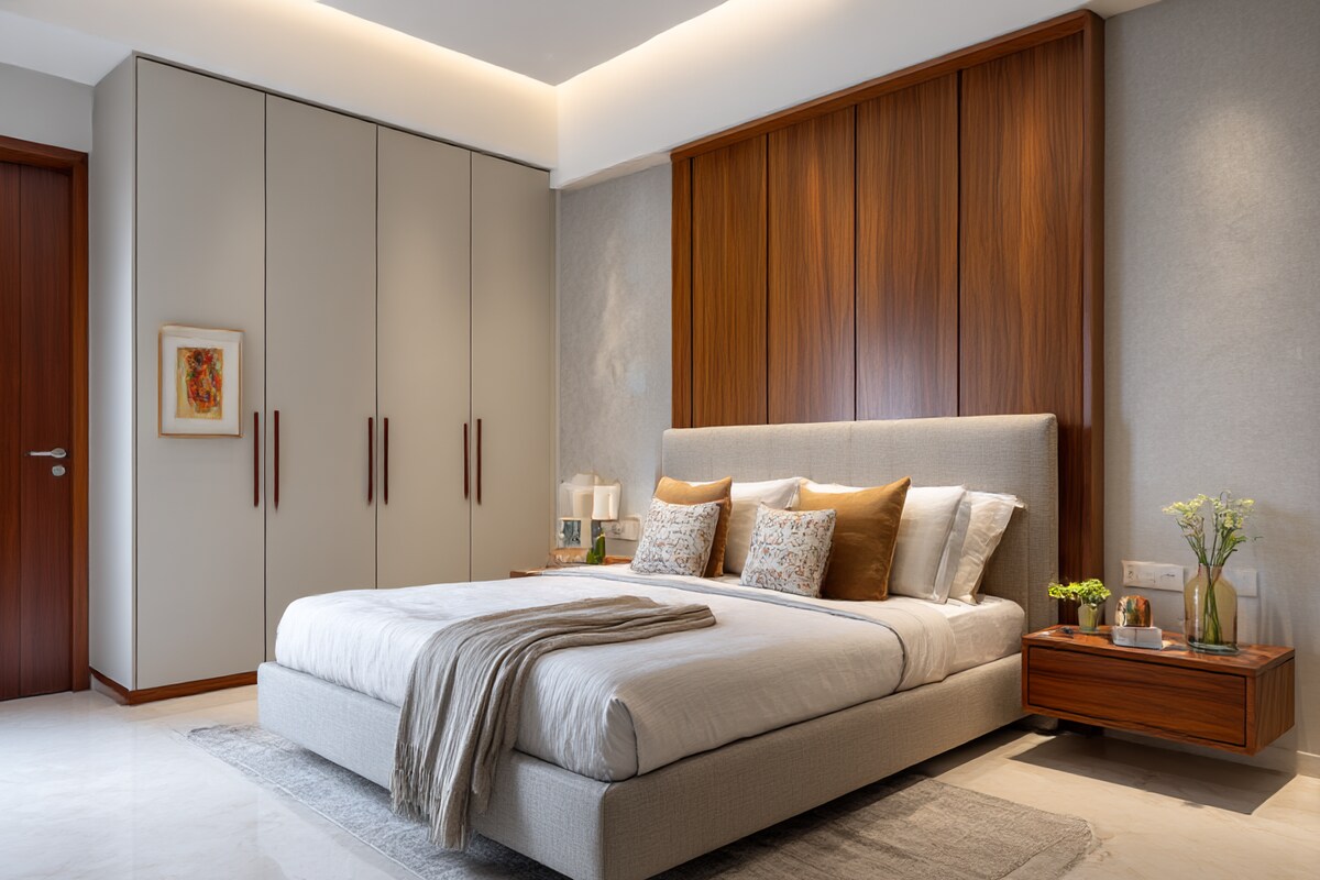 Contemporary Master Bedroom Design With King Size Panel Headboard Bed and Built-In Wardrobe