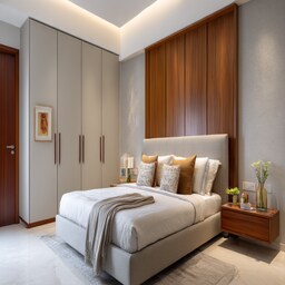 Modern Master Bedroom Design with Dual-Tone Wooden Bed and Panel Wall