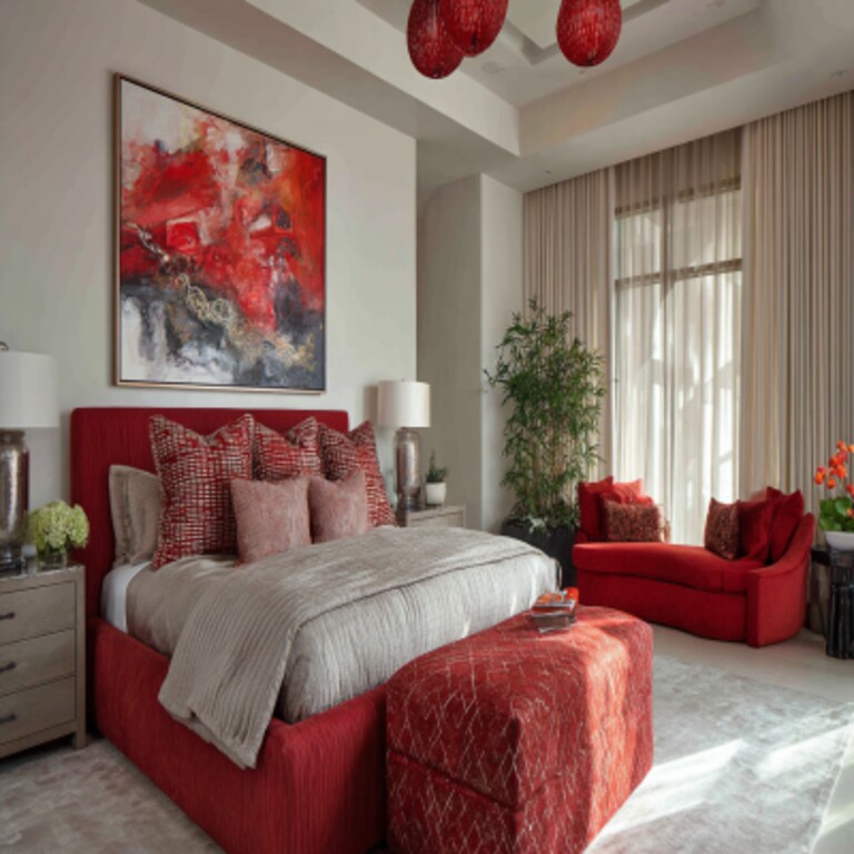 Contemporary Master Bedroom Design with Red Upholstered Bed