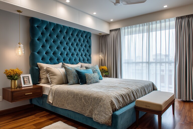 Contemporary Master Bedroom Design With Teal Tufted Headboard And