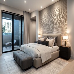 Contemporary Master Bedroom Design with Geometric Art and Vertical ...