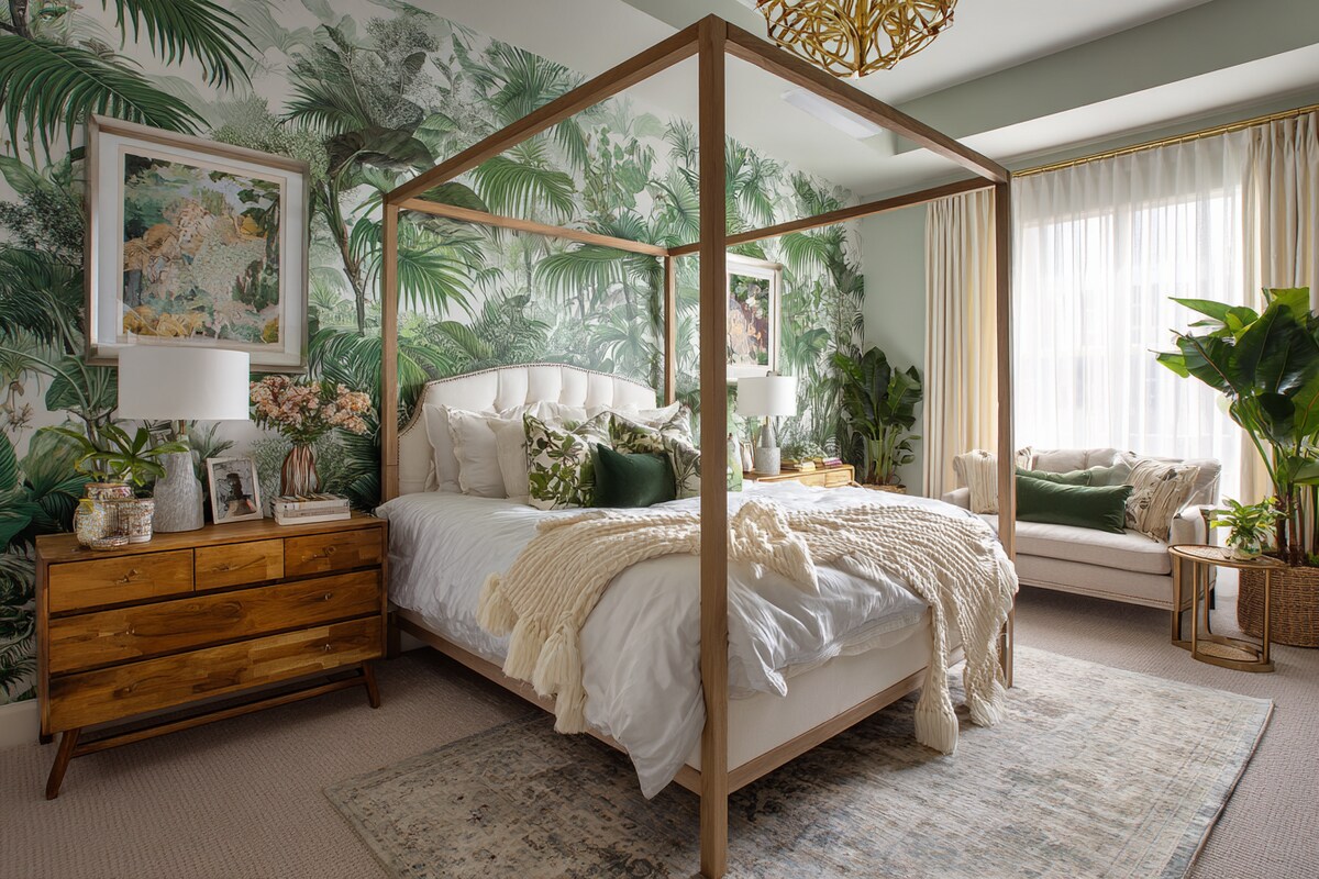 Contemporary Master Bedroom Design With Vintage Tropical Wallpaper Contemporary Master Bedroom Design With Vintage Tropical Wallpaper
