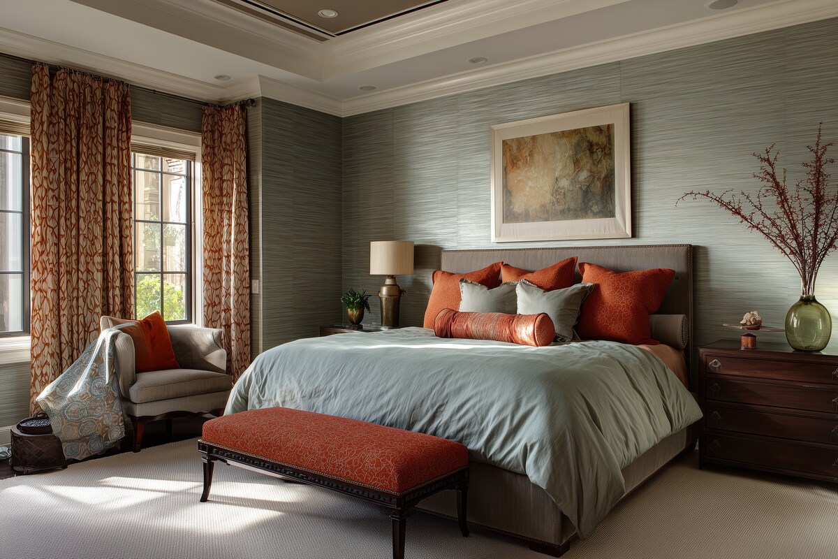 Contemporary Master Bedroom Design with Wall Trims with Wallpaper Contemporary Master Bedroom Design with Wall Trims with Wallpaper