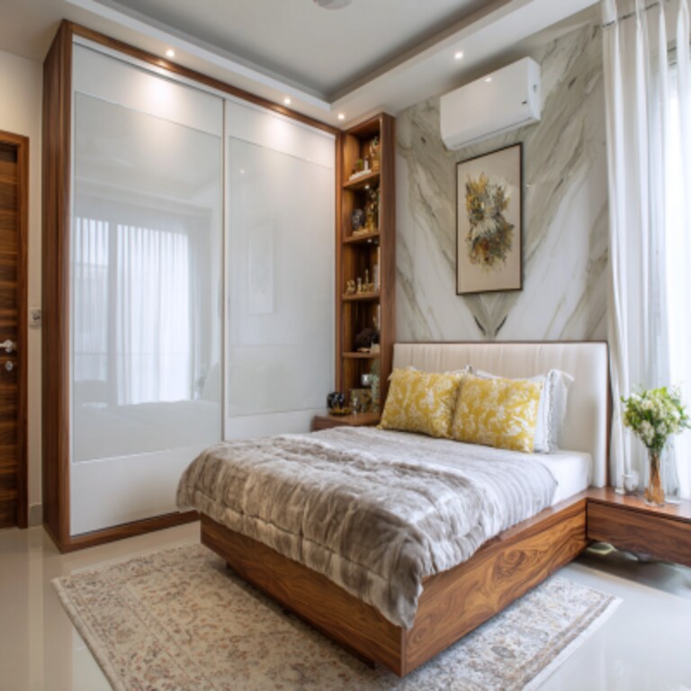 Contemporary Master Bedroom Design With White And Wooden Sliding Wardrobe
