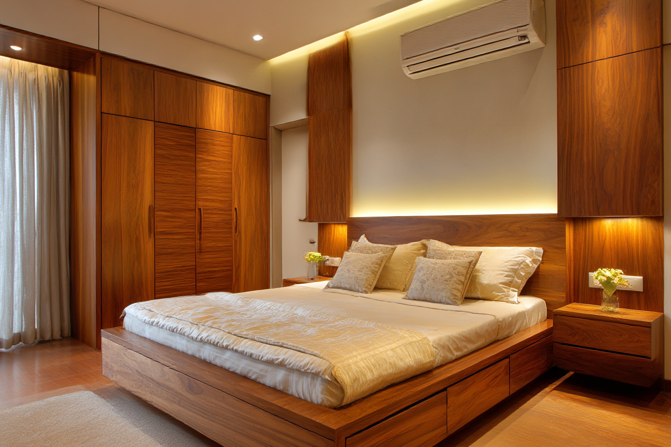 Contemporary Master Bedroom Design with Wooden Storage and Wardrobe, image size:1344x896