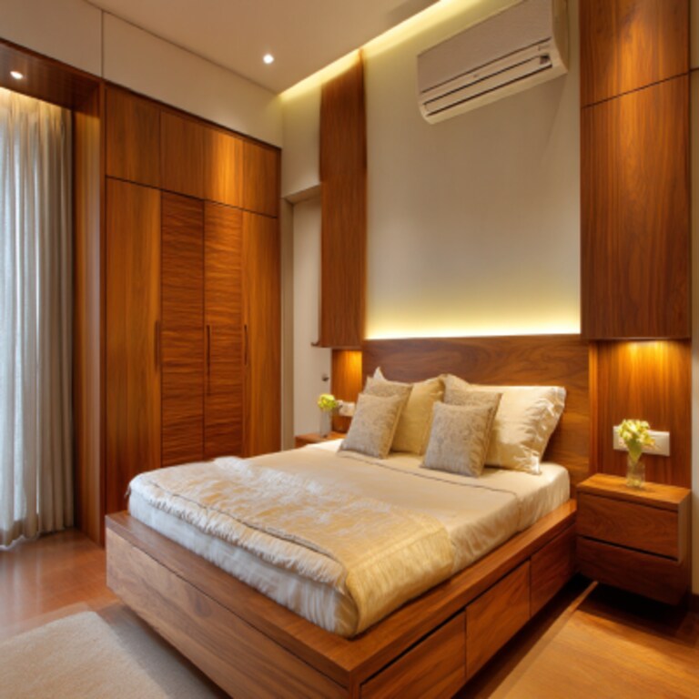 Contemporary Master Bedroom Design with Wooden Storage and Wardrobe