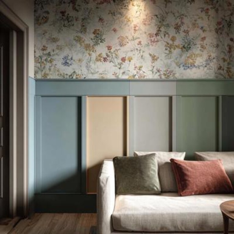 Contemporary Multicolour Wall Panelling with Floral Wallpaper Wall Design Contemporary Multicolour Wall Panelling with Floral Wallpaper Wall Design