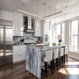 Modern L-Shaped Kitchen Design With Herringbone Backsplash and Glossy ...
