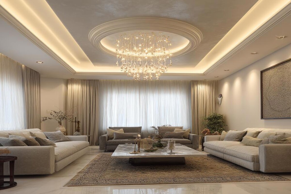 Contemporary Paint Finish Double Layer False Ceiling Design with Chandelier and Cove Lighting