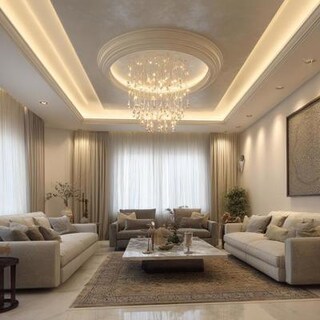 Contemporary Paint Finish Double Layer False Ceiling Design with Chandelier and Cove Lighting