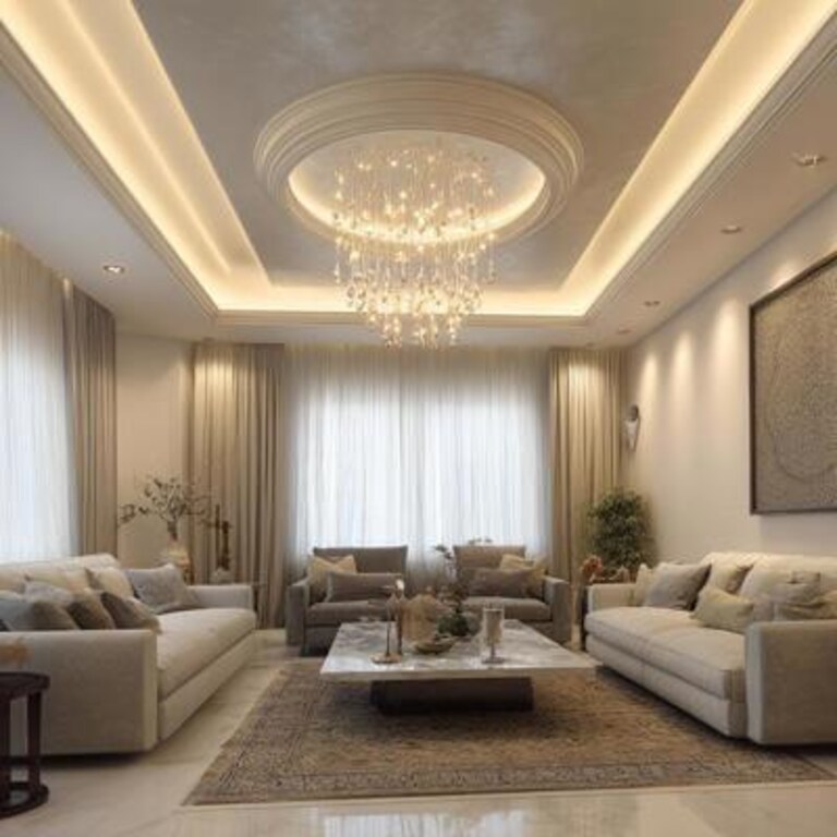 Contemporary Paint Finish Double Layer False Ceiling Design with Chandelier and Cove Lighting Contemporary Paint Finish Double Layer False Ceiling Design with Chandelier and Cove Lighting