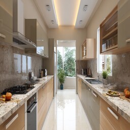 Modern Irish Cream L-Shaped Kitchen Design with Quartz Counter