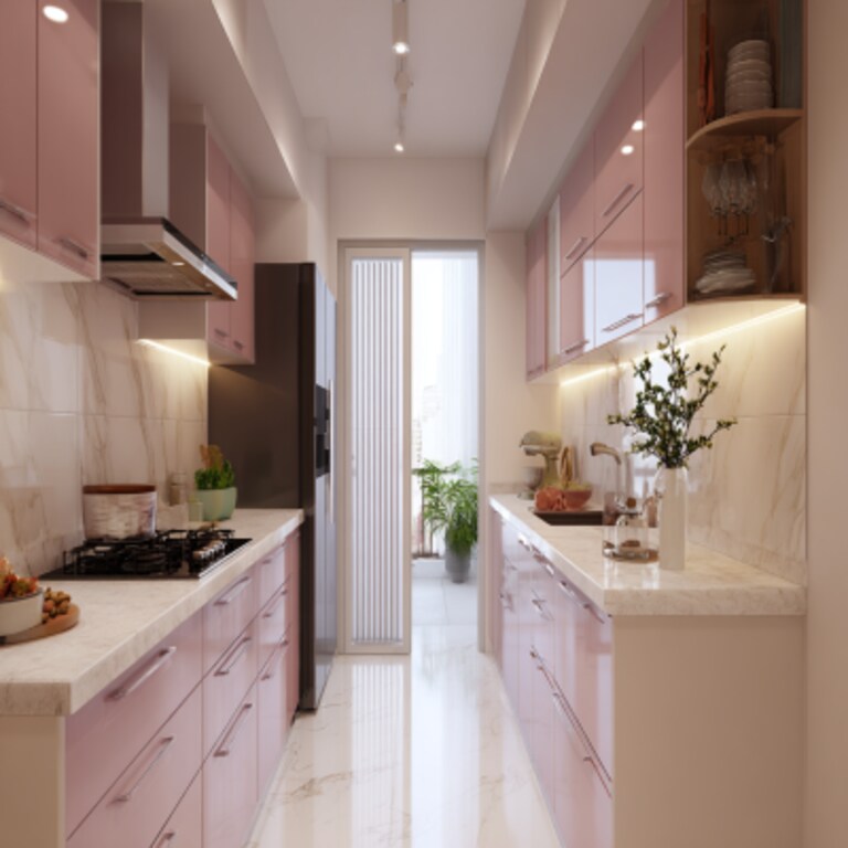 Contemporary Parallel Kitchen Design with Blossom Magnolia Cabinets