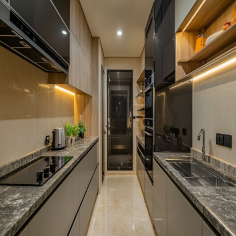 Contemporary Parallel Kitchen Design With Granite Countertop and Open Shelf
