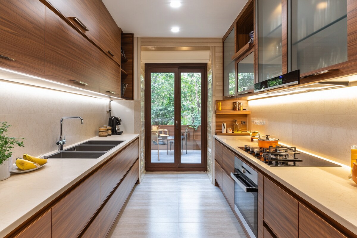 Contemporary Parallel Kitchen Design With Walnut Finish and Glass Cabinets Contemporary Parallel Kitchen Design With Walnut Finish and Glass Cabinets