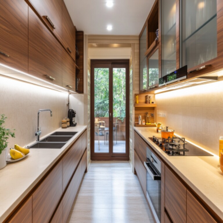 Contemporary Parallel Kitchen Design With Walnut Finish and Glass Cabinets