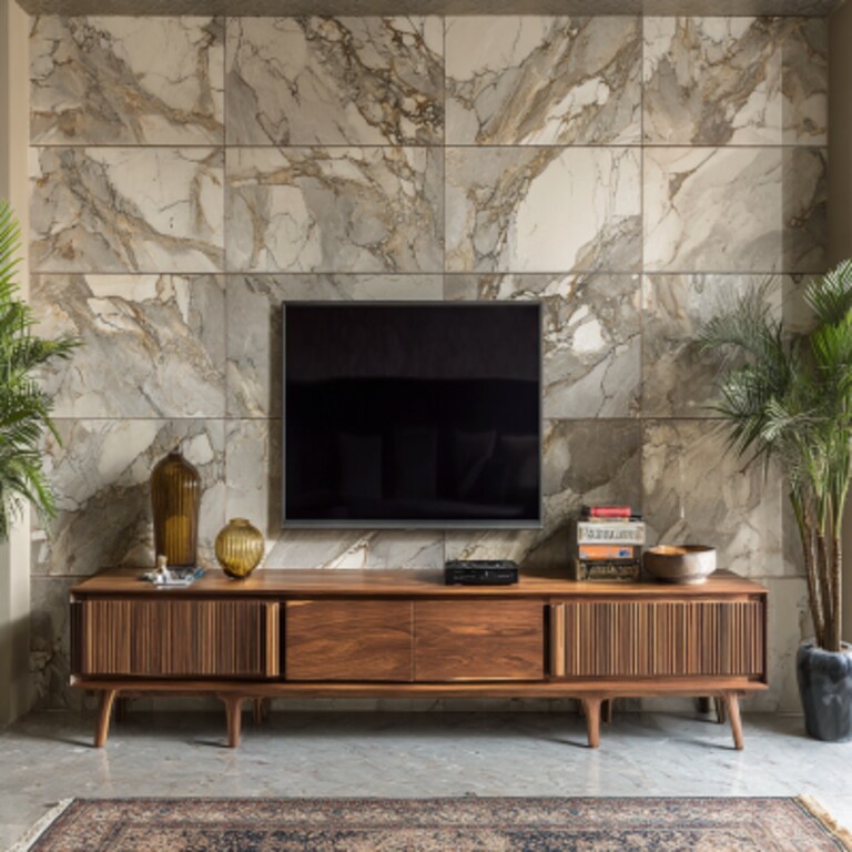 Contemporary Persian Walnut TV Unit Design with Marble Tile Wall and Drawer Storage