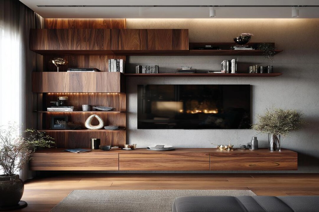 Contemporary Persian Walnut TV unit design with Open Shelving