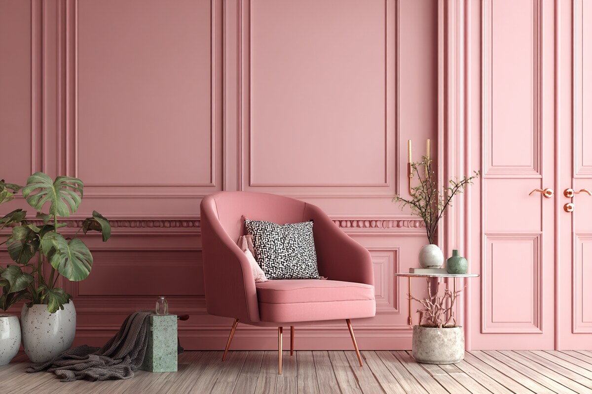 Contemporary Pink Matte Wall Paint Design with Wall Moulding Panels Contemporary Pink Matte Wall Paint Design with Wall Moulding Panels