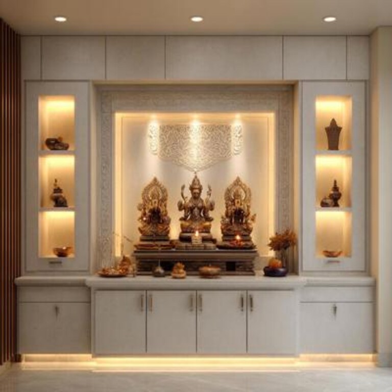 Contemporary Pooja Design with Backlit Altar and Concealed Storage Contemporary Pooja Design with Backlit Altar and Concealed Storage