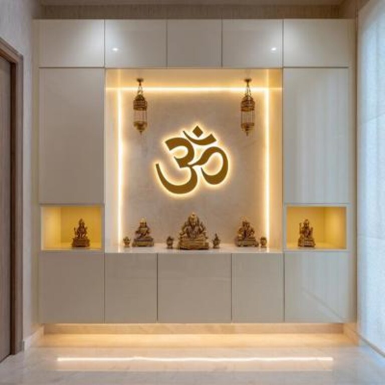 Contemporary Pooja Design with Backlit Om Panel Handleless Cabinets and Hanging Bells Contemporary Pooja Design with Backlit Om Panel Handleless Cabinets and Hanging Bells