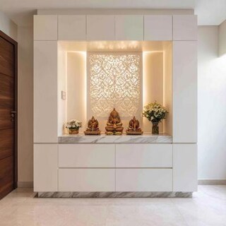 Contemporary Pooja Design with Marble Top and Laser Cut Motif Panel