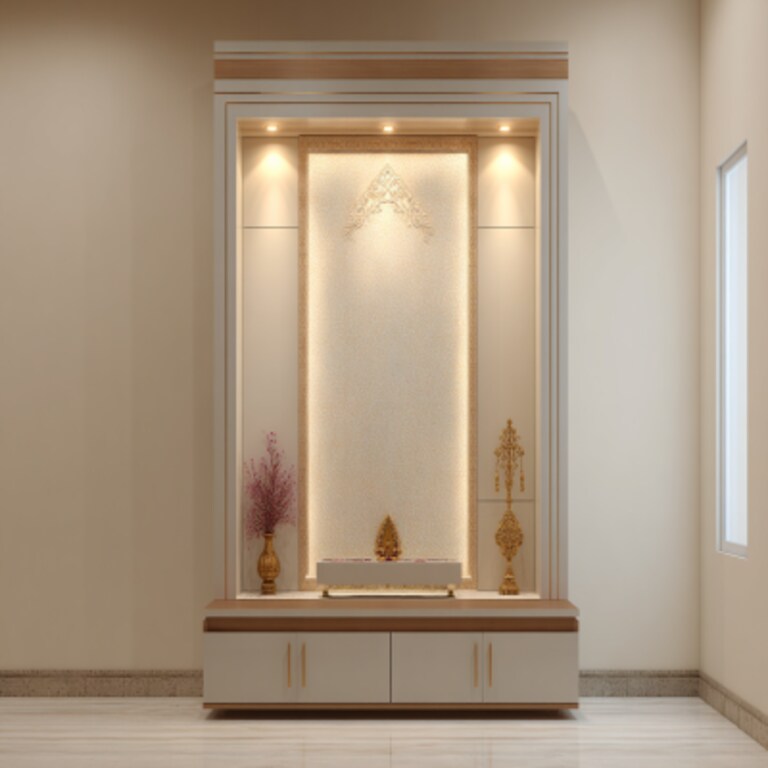 Contemporary Pooja Room Design With Backlit Frame
