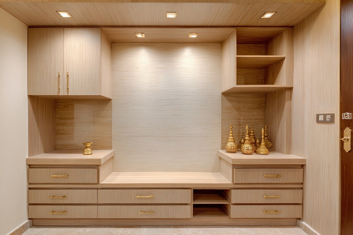 Contemporary Pooja Room Design With Storage
