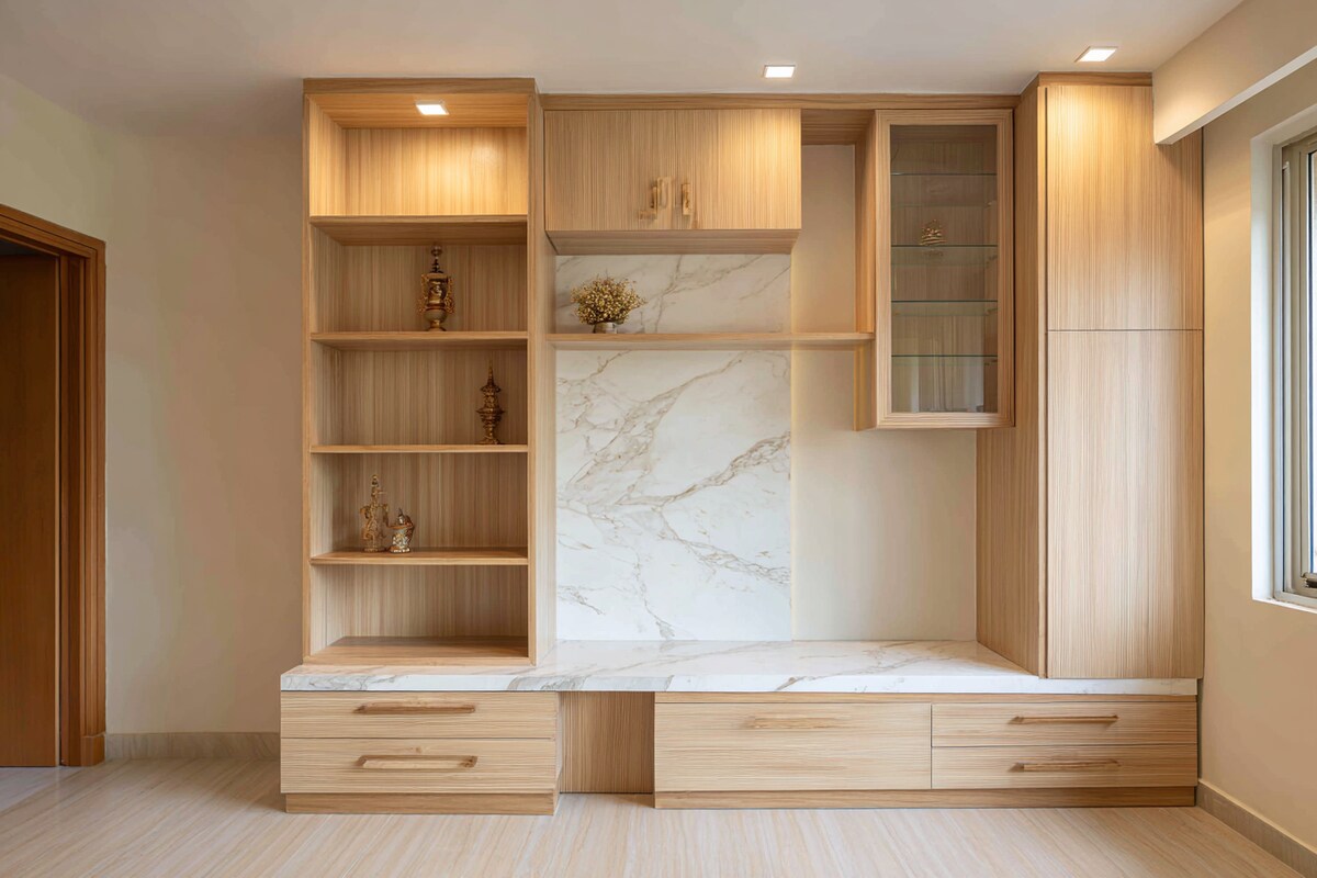 Contemporary Pooja Room Design With Storage Unit