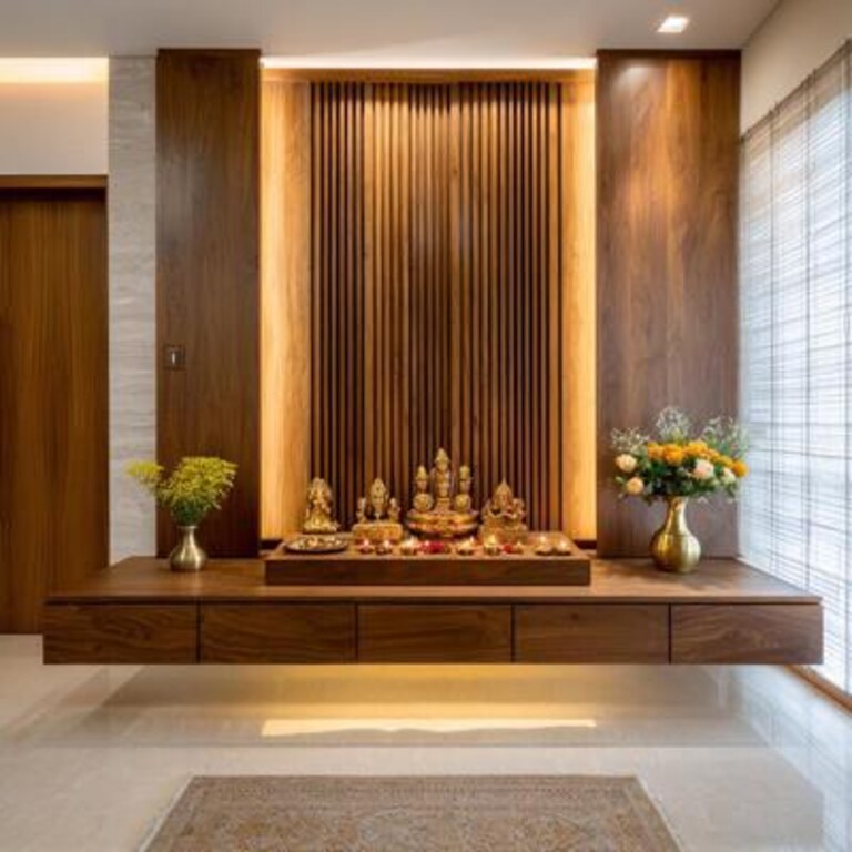 Contemporary Pooja Room Design With Wooden Reapers And Storage Unit Contemporary Pooja Room Design With Wooden Reapers And Storage Unit