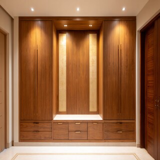 Contemporary Pooja Room Design With Wooden Storage