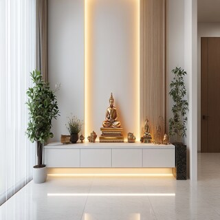 Contemporary Pooja Unit Design in White with Warm LED Lighting
