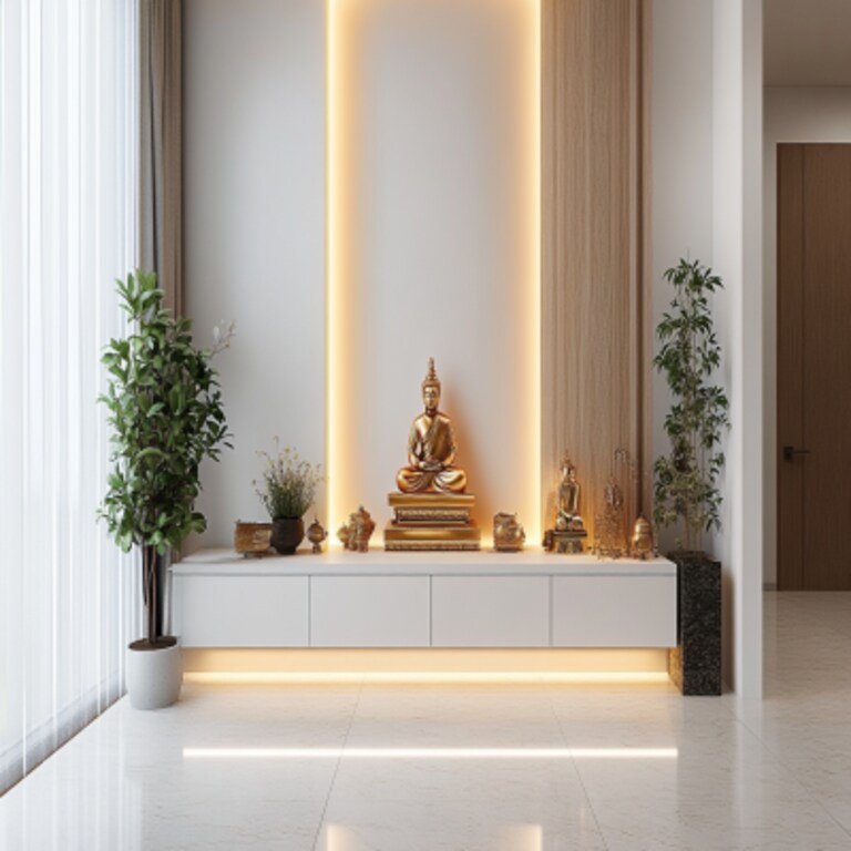 Contemporary Pooja Unit Design in White with Warm LED Lighting