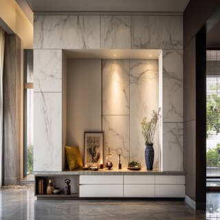 Contemporary Pooja Unit Design With White Marble Unit