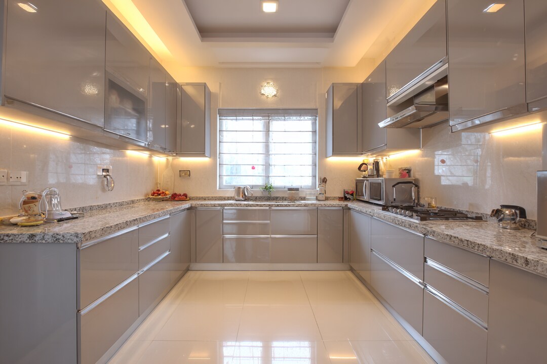 Contemporary Silver and Grey U-shaped Kitchen Design with Granite ...