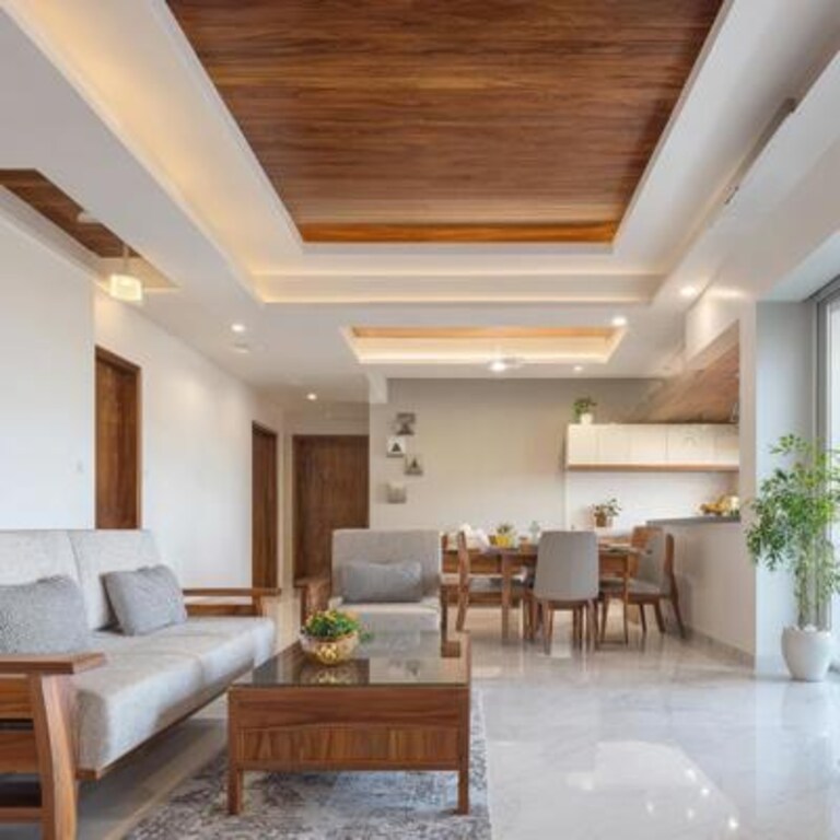 Contemporary Single Layer False Ceiling Design with Gypsum and Wood Detailing and Paint Finish Contemporary Single Layer False Ceiling Design with Gypsum and Wood Detailing and Paint Finish