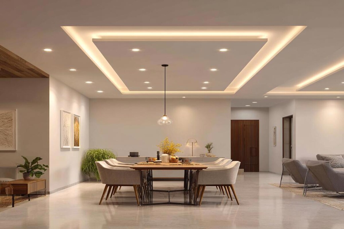 Contemporary Single Layered False Ceiling Design with Pendant Cove and Spot Lighting Contemporary Single Layered False Ceiling Design with Pendant Cove and Spot Lighting