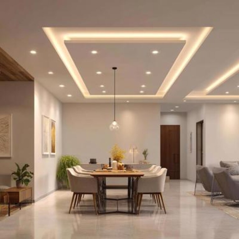 Contemporary Single Layered False Ceiling Design with Pendant Cove and Spot Lighting Contemporary Single Layered False Ceiling Design with Pendant Cove and Spot Lighting