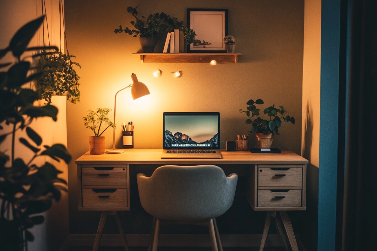 Contemporary Study Room Design With Champagne And Wood Accents