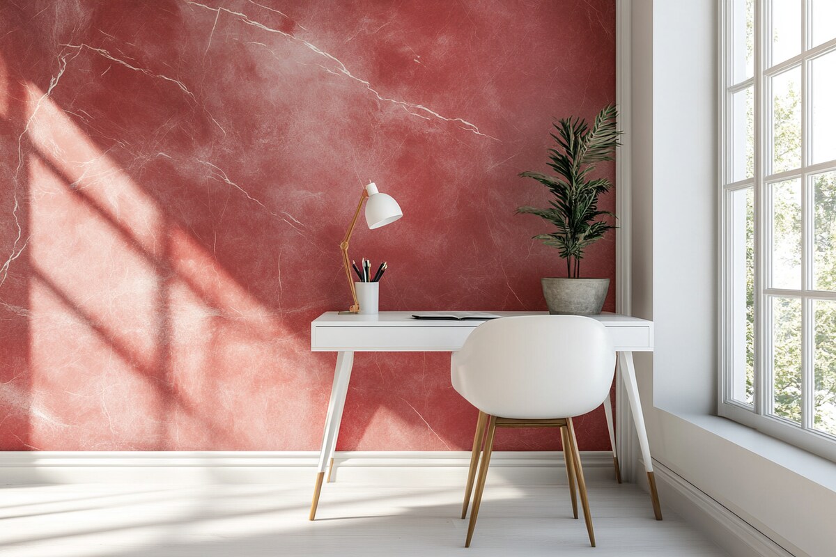 Contemporary Study Room Design With Red Marble Wallpaper