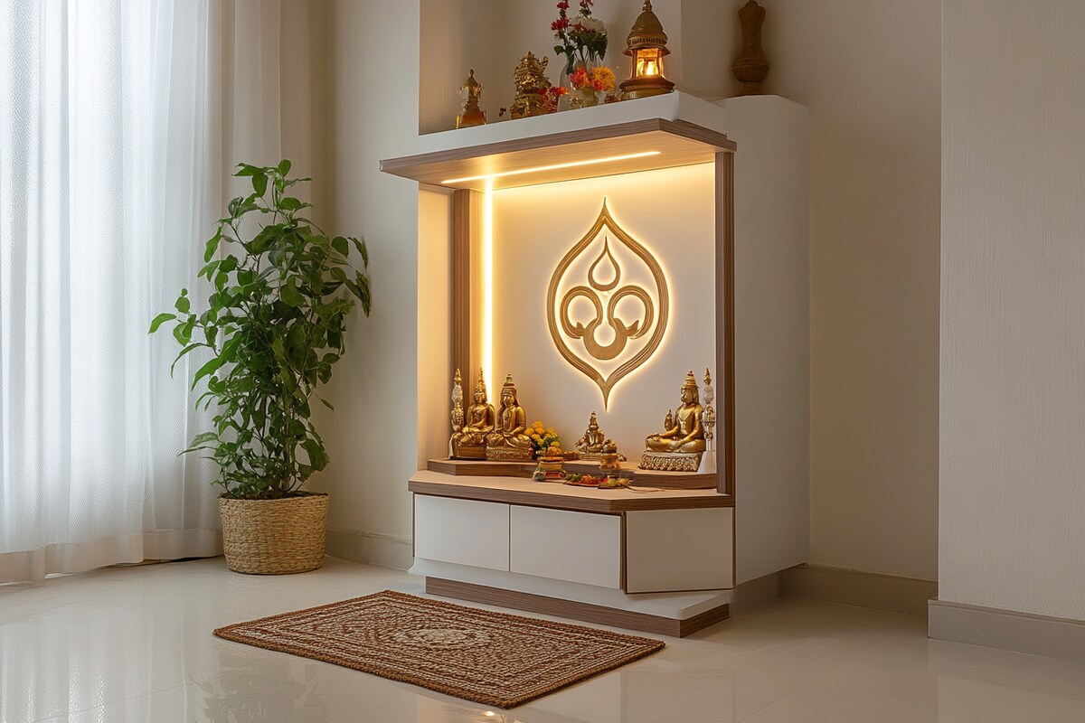 Contemporary Style Compact Mandir Design In White Contemporary Style Compact Mandir Design In White