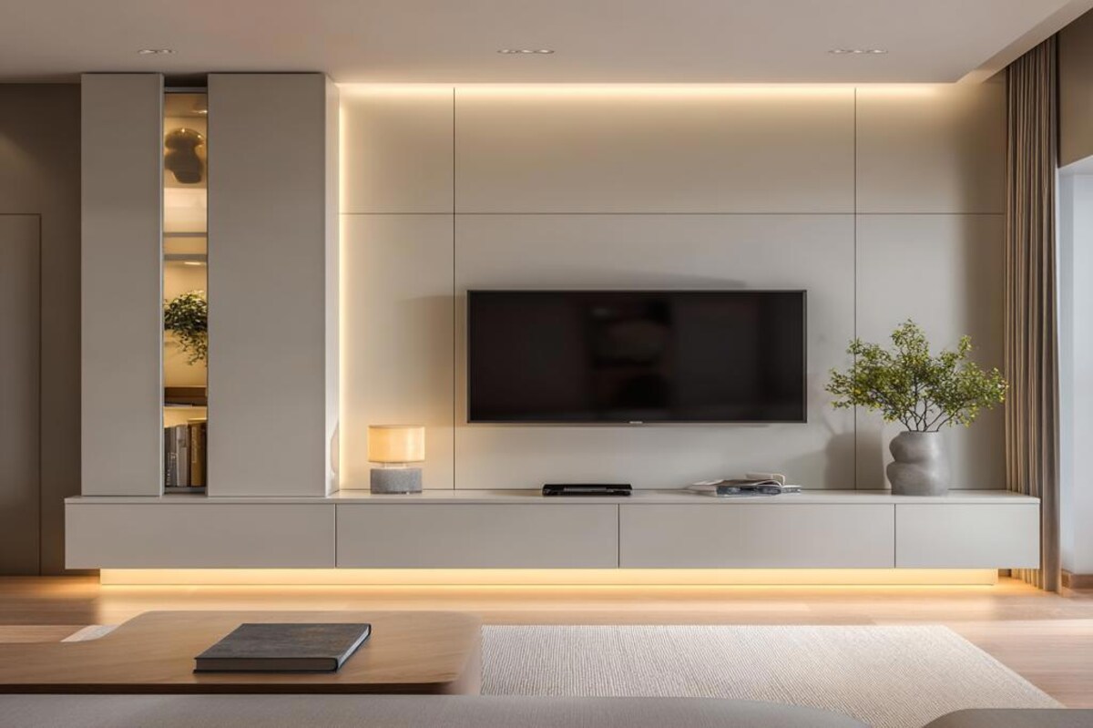 Contemporary TV Unit Design with Concealed Storage and Integrated LED Lighting