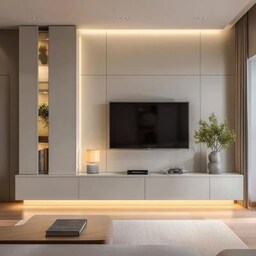 Contemporary Grey TV Unit Design with Floating Storage Console