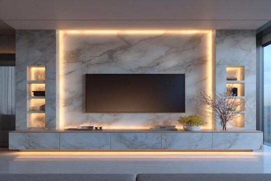 Contemporary TV unit design with LED Lighting and Marble Paneling