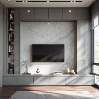 Contemporary TV Unit Design with Smoke Grey and Marble Backdrop