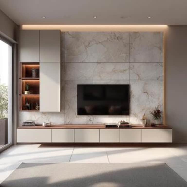 Contemporary TV Unit Design with Storage Cabinets and Marble Highlights