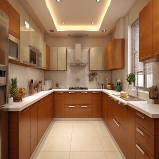 Contemporary U-Shaped Kitchen Design in Champagne and Teak