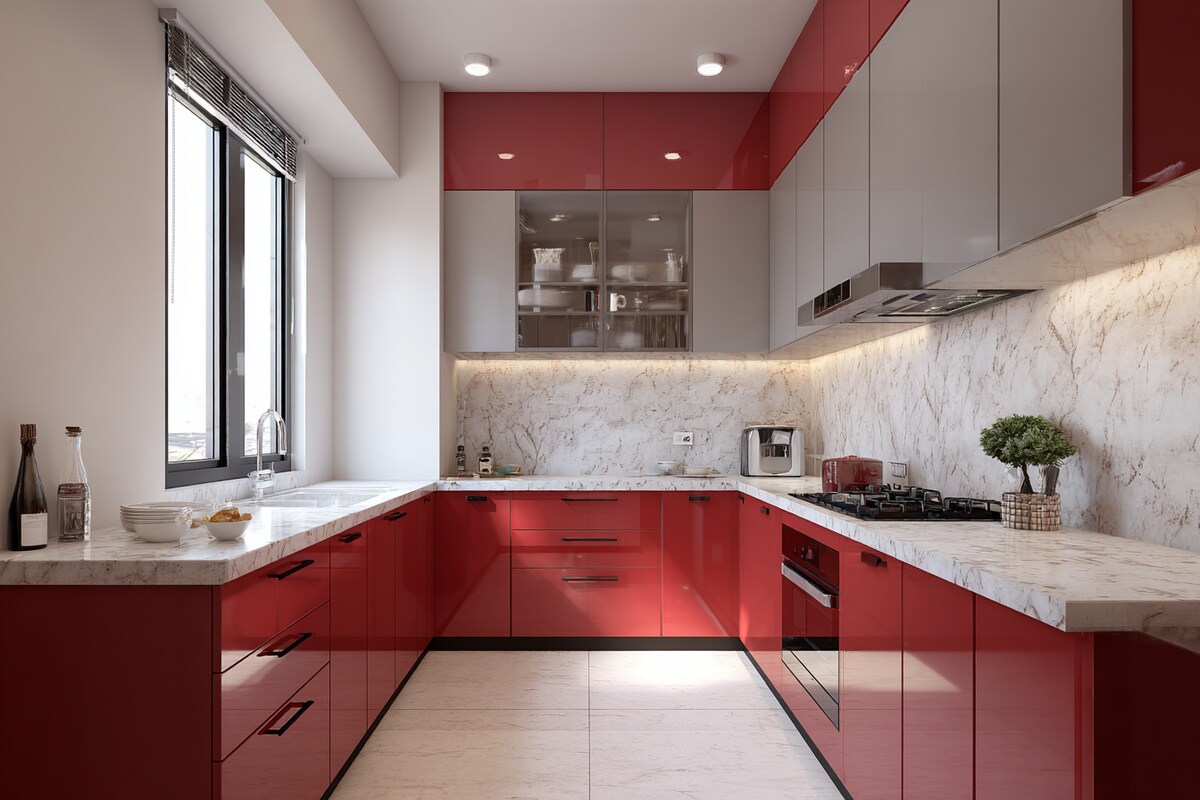 Contemporary U-Shaped Kitchen Design in Ruby and Grey and Marble Countertop