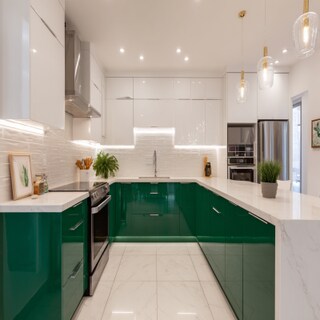 Contemporary U-Shaped Kitchen Design in White and Emerald