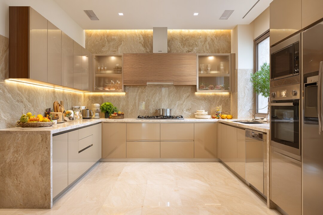 Contemporary U-Shaped Kitchen Design with Champagne and Wood Finish ...